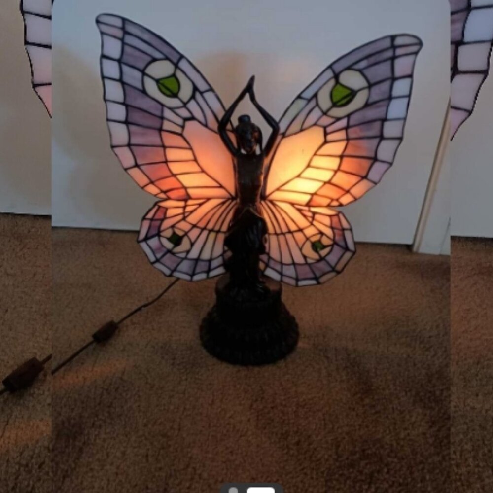 Beautiful Vintage Art Nouveau Tiffany Style Stained-Glass Butterfly Lady Lamp - Picture 3 of 6
